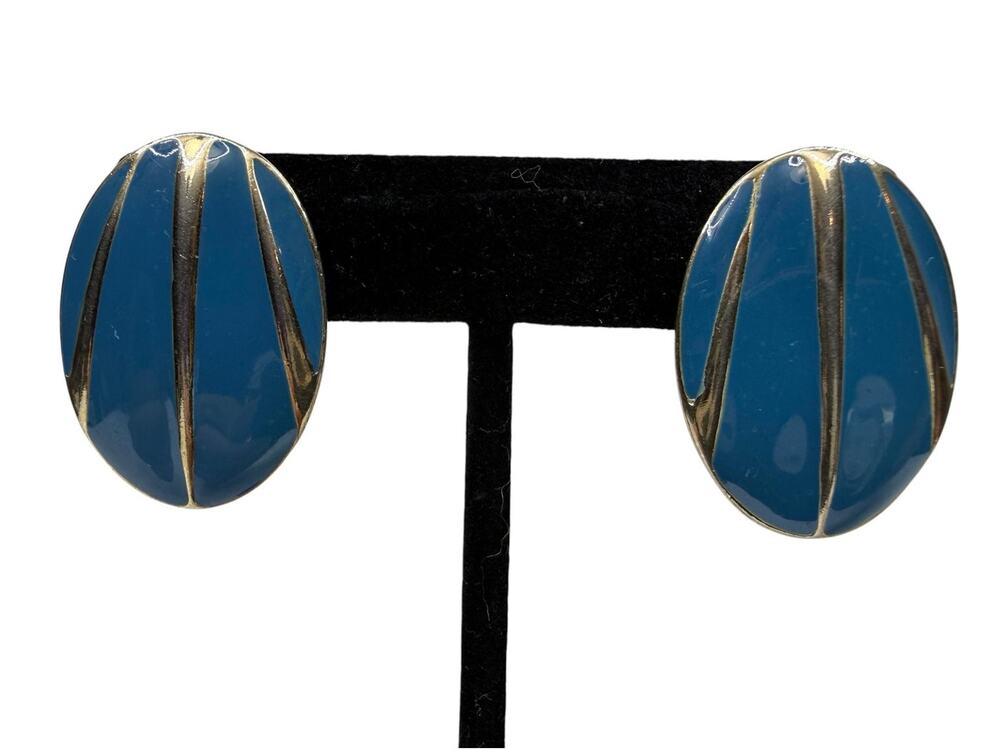 Vintage 80's Retro Blue Enamel Gold Tone Striped Oval Stud Earrings Fashion 1.5"